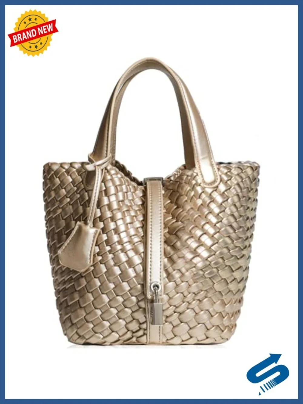 Woven Bucket Purse for Women, Vegan Leather Tote Handbag, Top Handle Shoulder